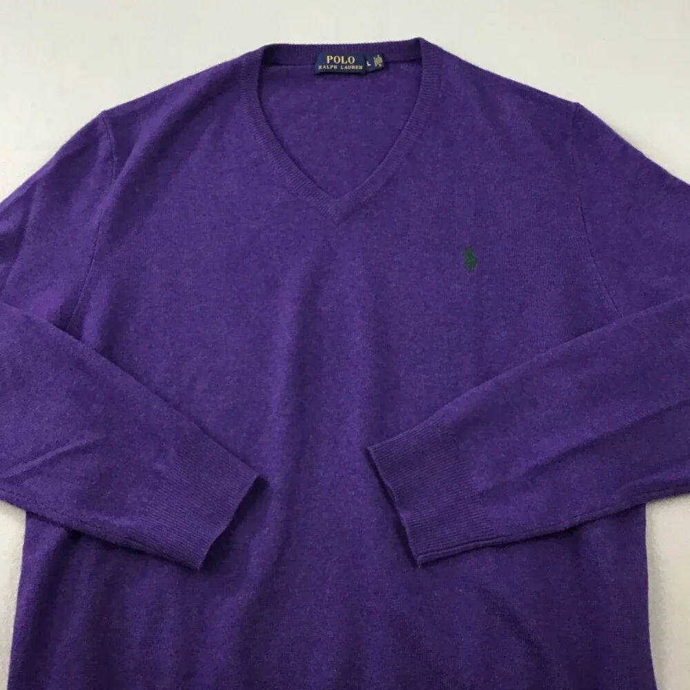 Polo Ralph Lauren Sweater Men Large PurpleSolid V-Neck Pullover Knit Pony Wool